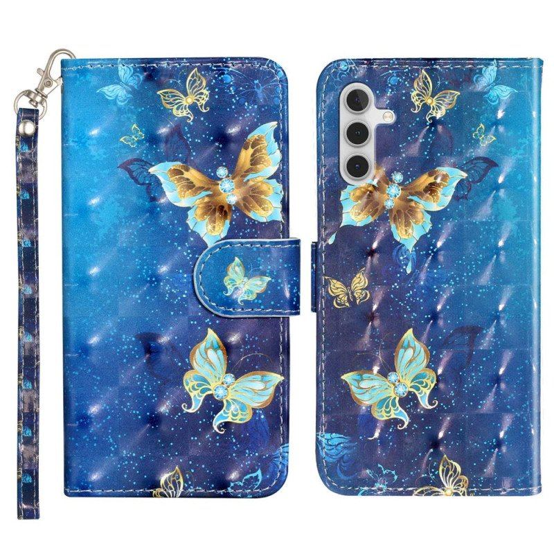 Etui Folio do Samsung Galaxy A14 / A14 5G z Łańcuch Złote Motyle Z Paskiem