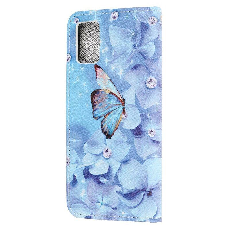 Skórzany Futerał do Samsung Galaxy A52 4G / A52 5G / A52s 5G z Łańcuch Diamentowe Motyle Na Ramiączkach