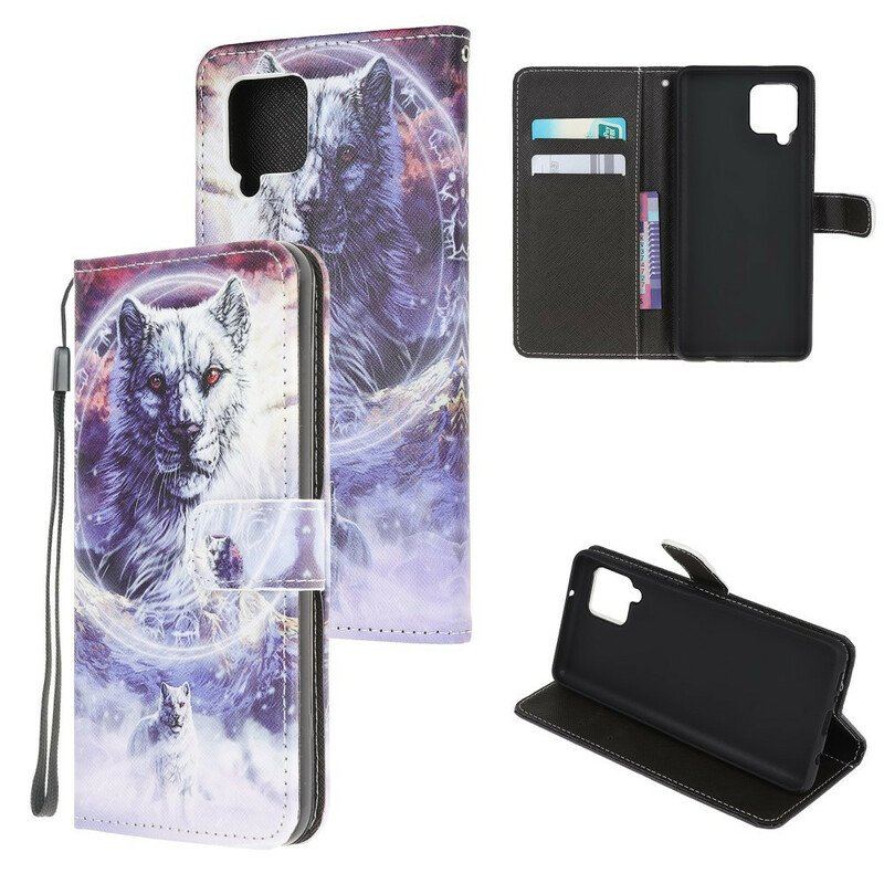 Etui Folio do Samsung Galaxy M12 / A12 Wilk W Zimie Ze Smyczą
