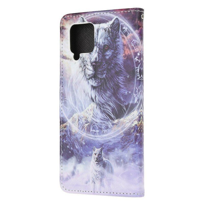 Etui Folio do Samsung Galaxy M12 / A12 Wilk W Zimie Ze Smyczą