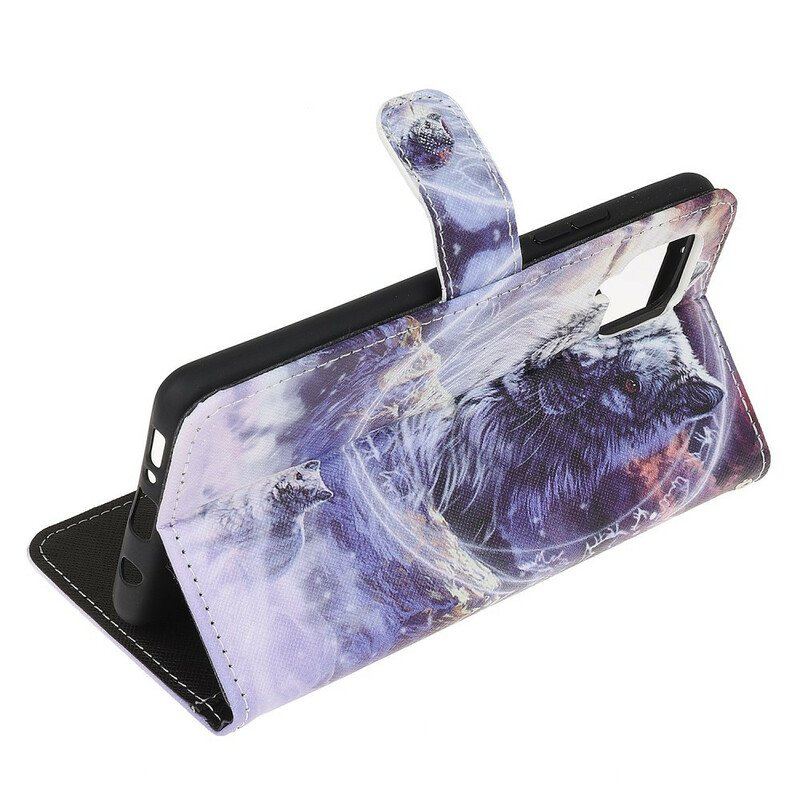 Etui Folio do Samsung Galaxy M12 / A12 Wilk W Zimie Ze Smyczą
