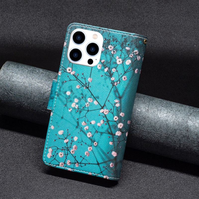Etui Folio iPhone 16 Pro Max Portfel W Kwiaty Śliwy Z Paskiem Etui Ochronne