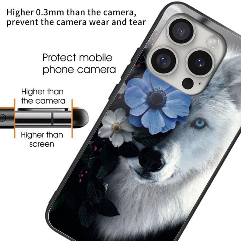 Futerały iPhone 16 Pro Max Etui Na Telefon Szkło Hartowane Z Wilkiem I Niebieskim Kwiatem