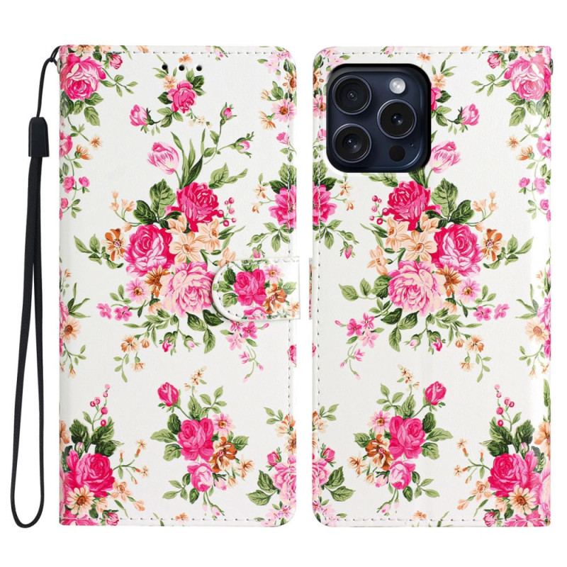Skórzany Futerał iPhone 16 Pro Max Etui Na Telefon CZerwone Kwiaty Z Paskiem