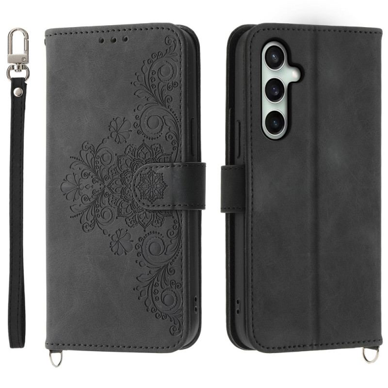 Etui Folio Samsung Galaxy S24 Fe Koronka Z Efektem Zamszu Z Paskiem I Paskiem Na Ramię