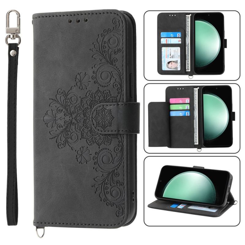 Etui Folio Samsung Galaxy S24 Fe Koronka Z Efektem Zamszu Z Paskiem I Paskiem Na Ramię