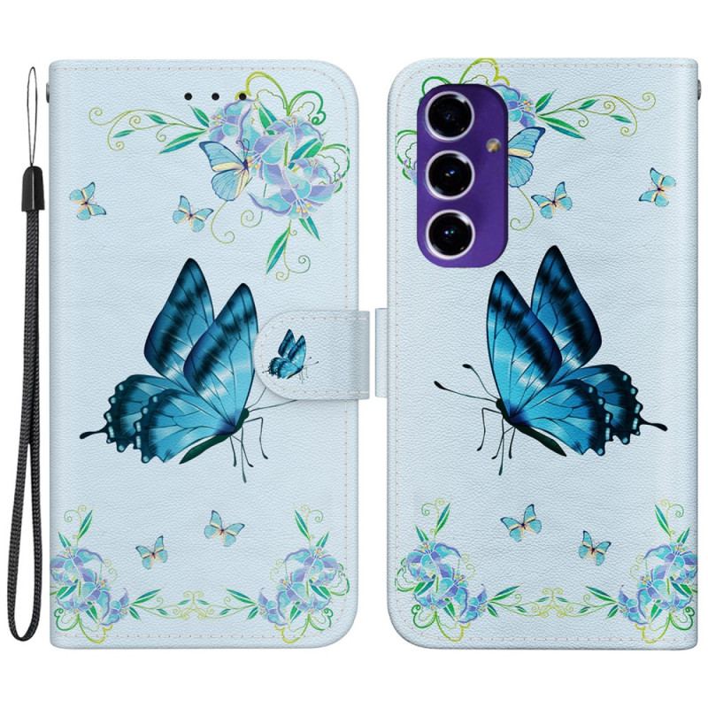 Etui Folio Samsung Galaxy S24 Fe Niebieski Motyl I Kwiaty Z Paskiem