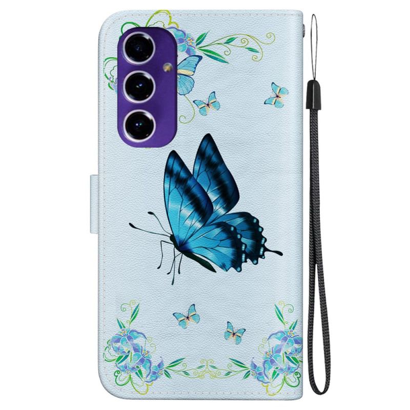 Etui Folio Samsung Galaxy S24 Fe Niebieski Motyl I Kwiaty Z Paskiem