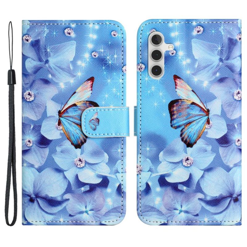 Etui Folio Samsung Galaxy S24 Fe Niebieskie Kwiaty I Motyle Z Paskiem Etui Ochronne