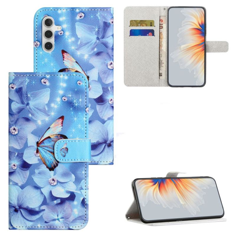 Etui Folio Samsung Galaxy S24 Fe Niebieskie Kwiaty I Motyle Z Paskiem Etui Ochronne