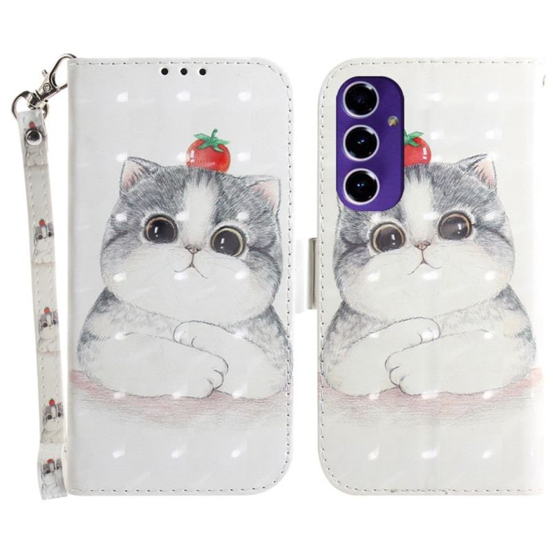 Skórzany Futerał Samsung Galaxy S24 Fe Etui Na Telefon Kot I Truskawka Z Paskiem