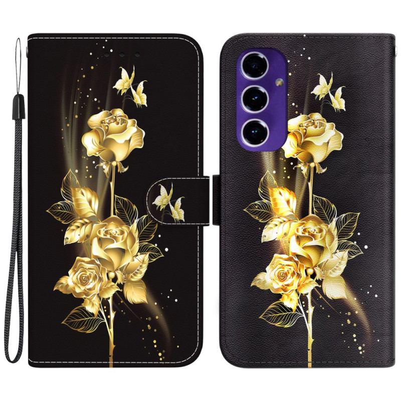 Skórzany Futerał Samsung Galaxy S24 Fe Etui Na Telefon Złote I Różowe Motyle Z Paskiem