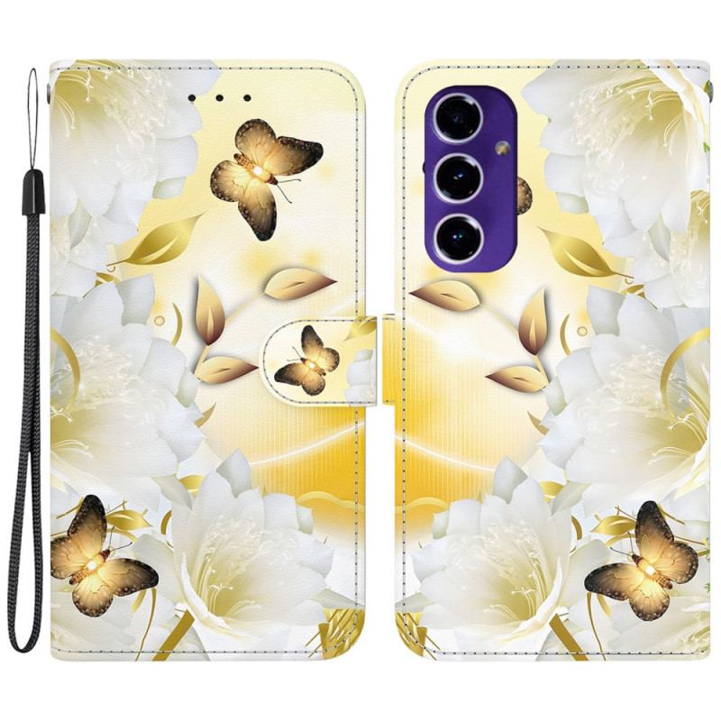 Skórzany Futerał Samsung Galaxy S24 Fe Etui Na Telefon Złote Motyle I Białe Kwiaty