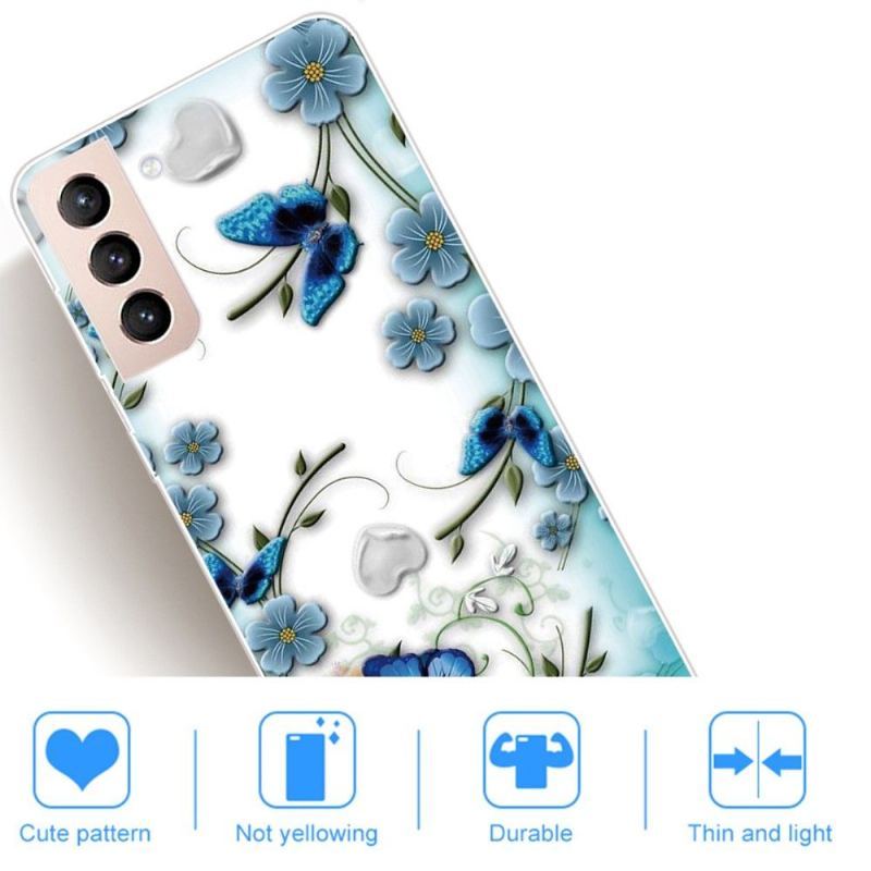 Etui do Samsung Galaxy S22 5G Niebieskie Motyle I Kwiaty