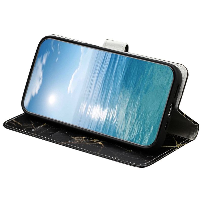 Etui Folio Do Samsung Galaxy S24 5g CZarny I Złoty Marmur Z Paskiem