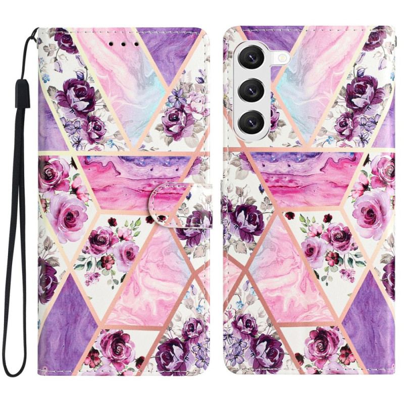 Etui Folio Do Samsung Galaxy S24 5g Marmurowe Fioletowe Kwiaty Z Paskiem