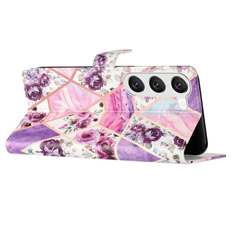 Etui Folio Do Samsung Galaxy S24 5g Marmurowe Fioletowe Kwiaty Z Paskiem
