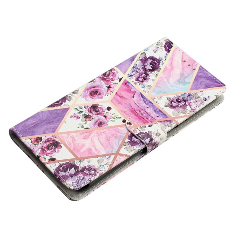 Etui Folio Do Samsung Galaxy S24 5g Marmurowe Fioletowe Kwiaty Z Paskiem