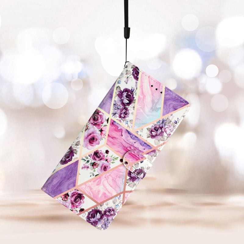 Etui Folio Do Samsung Galaxy S24 5g Marmurowe Fioletowe Kwiaty Z Paskiem