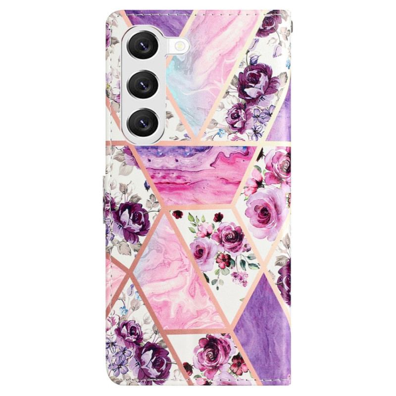 Etui Folio Do Samsung Galaxy S24 5g Marmurowe Fioletowe Kwiaty Z Paskiem