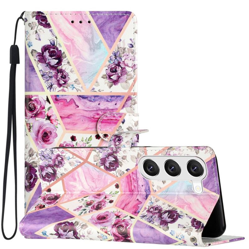Etui Folio Do Samsung Galaxy S24 5g Marmurowe Fioletowe Kwiaty Z Paskiem