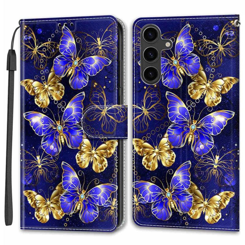 Etui Folio Do Samsung Galaxy S24 5g Złote I Niebieskie Motyle Z Paskiem