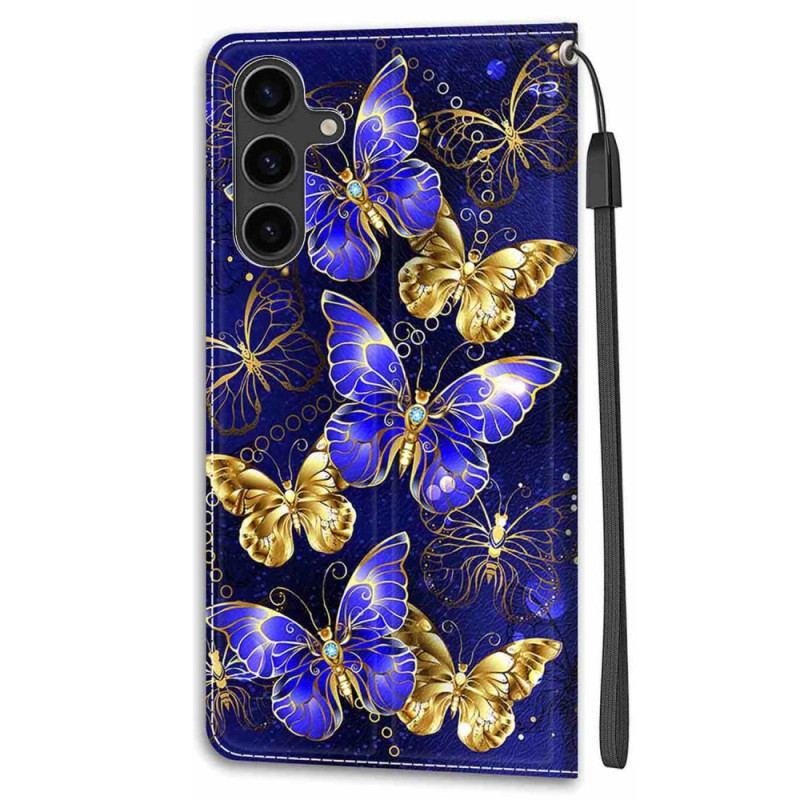 Etui Folio Do Samsung Galaxy S24 5g Złote I Niebieskie Motyle Z Paskiem