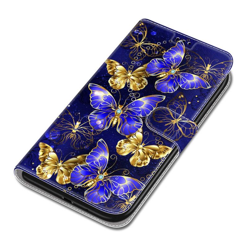 Etui Folio Do Samsung Galaxy S24 5g Złote I Niebieskie Motyle Z Paskiem