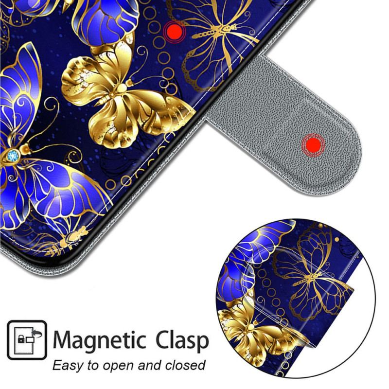 Etui Folio Do Samsung Galaxy S24 5g Złote I Niebieskie Motyle Z Paskiem