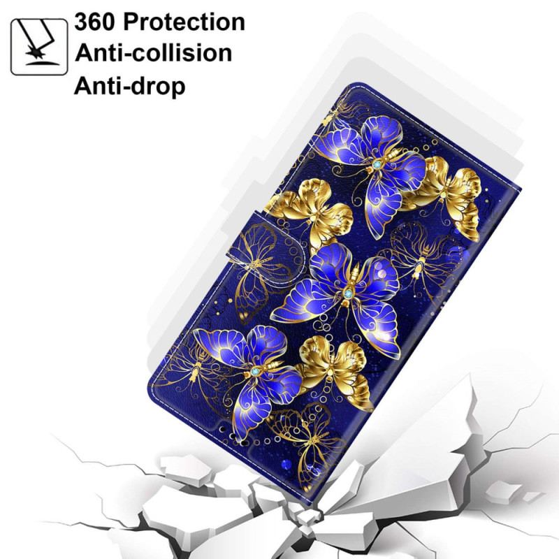Etui Folio Do Samsung Galaxy S24 5g Złote I Niebieskie Motyle Z Paskiem