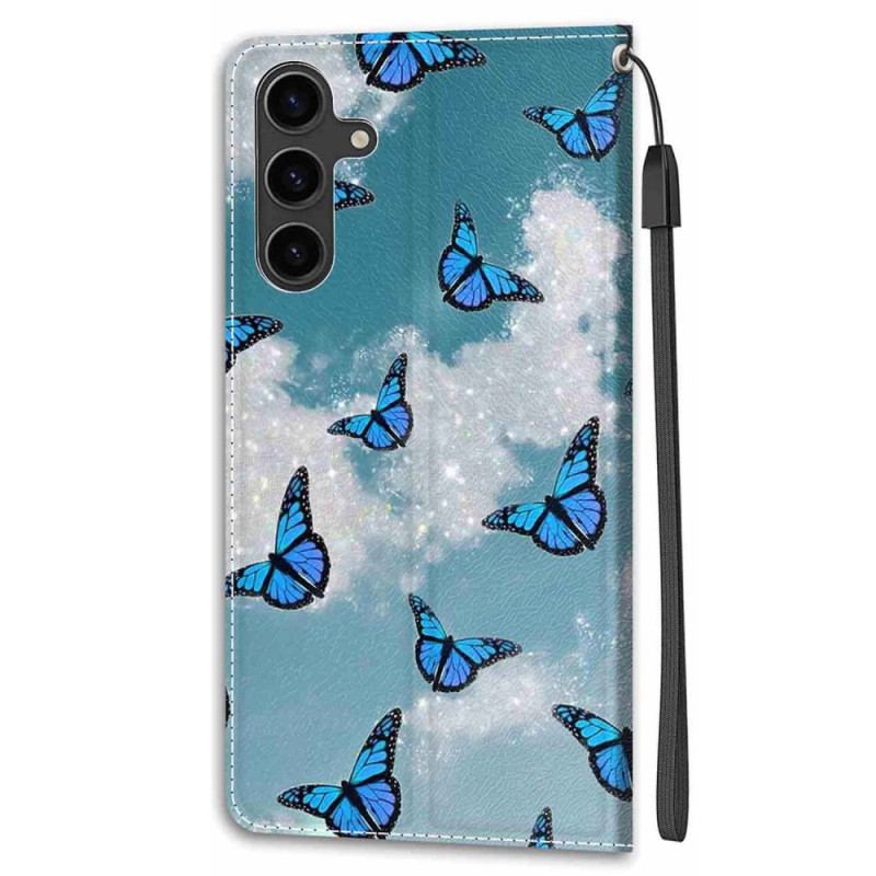 Etui Folio Samsung Galaxy S24 5g Białe Chmury I Niebieskie Motyle Z Paskiem Etui Ochronne