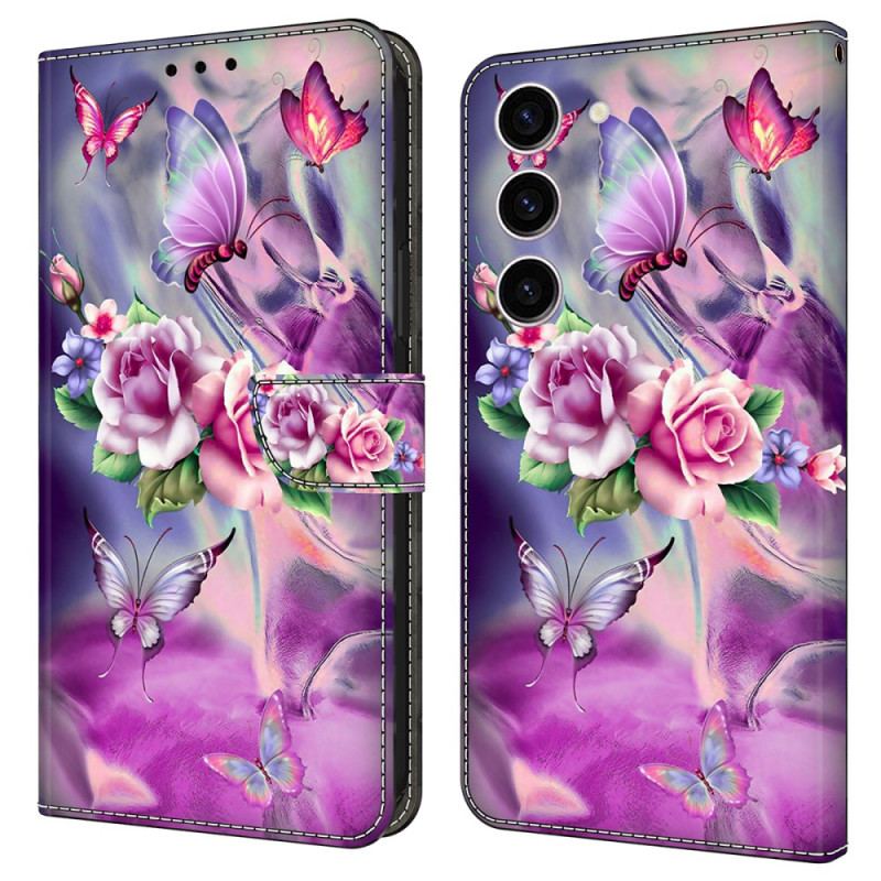 Etui Folio Samsung Galaxy S24 5g Motyle I Fioletowe Kwiaty Etui Ochronne