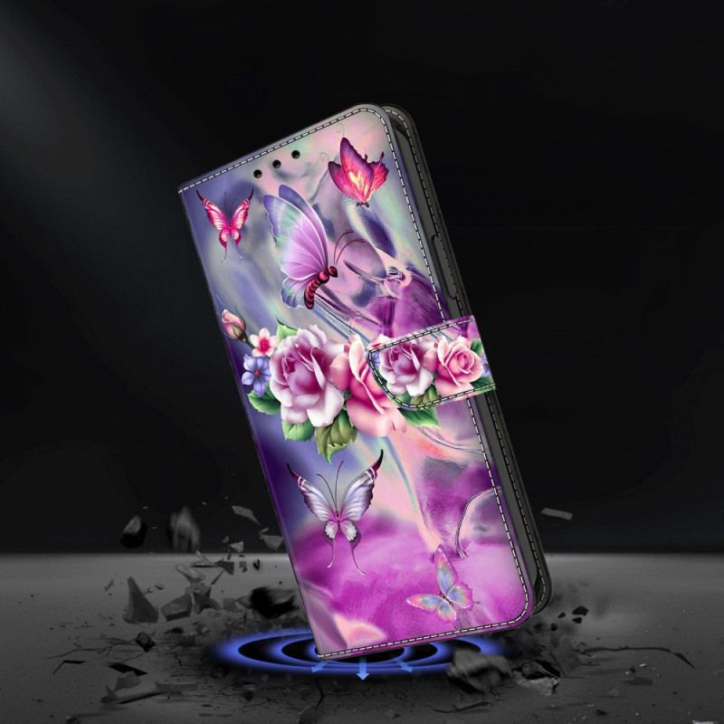Etui Folio Samsung Galaxy S24 5g Motyle I Fioletowe Kwiaty Etui Ochronne