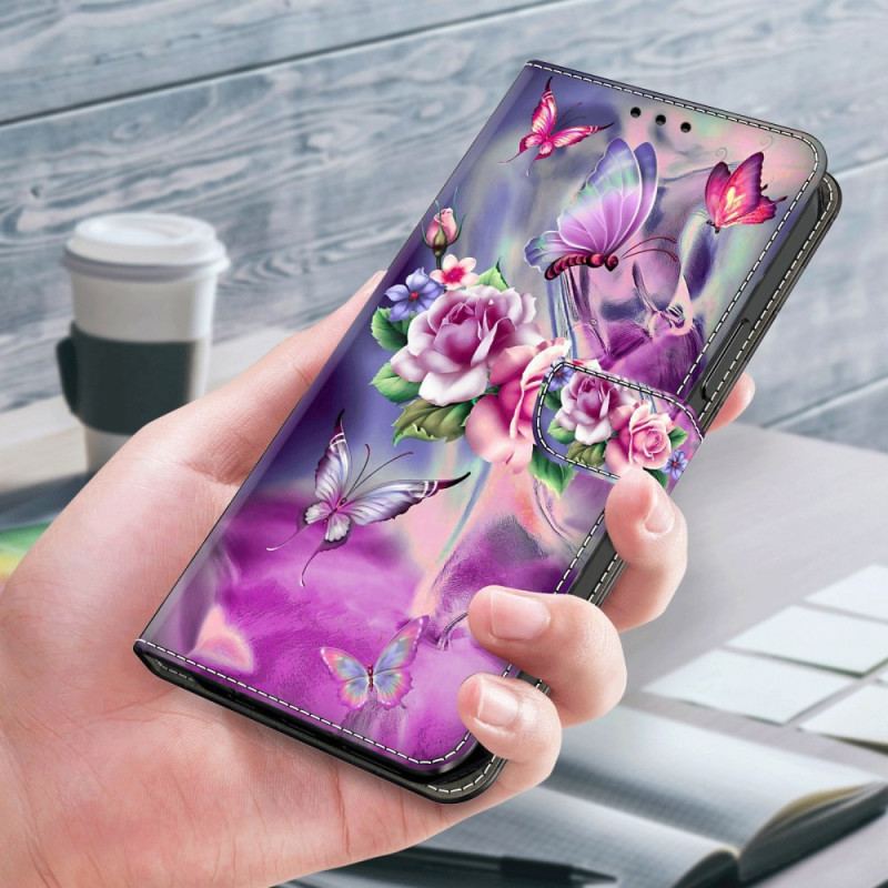 Etui Folio Samsung Galaxy S24 5g Motyle I Fioletowe Kwiaty Etui Ochronne