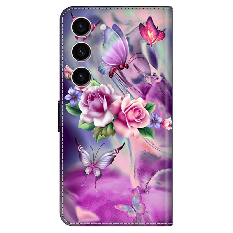 Etui Folio Samsung Galaxy S24 5g Motyle I Fioletowe Kwiaty Etui Ochronne