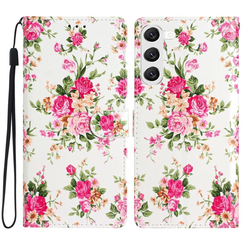 Skórzany Futerał Samsung Galaxy S24 5g Etui Na Telefon CZerwone Kwiaty Z Paskiem