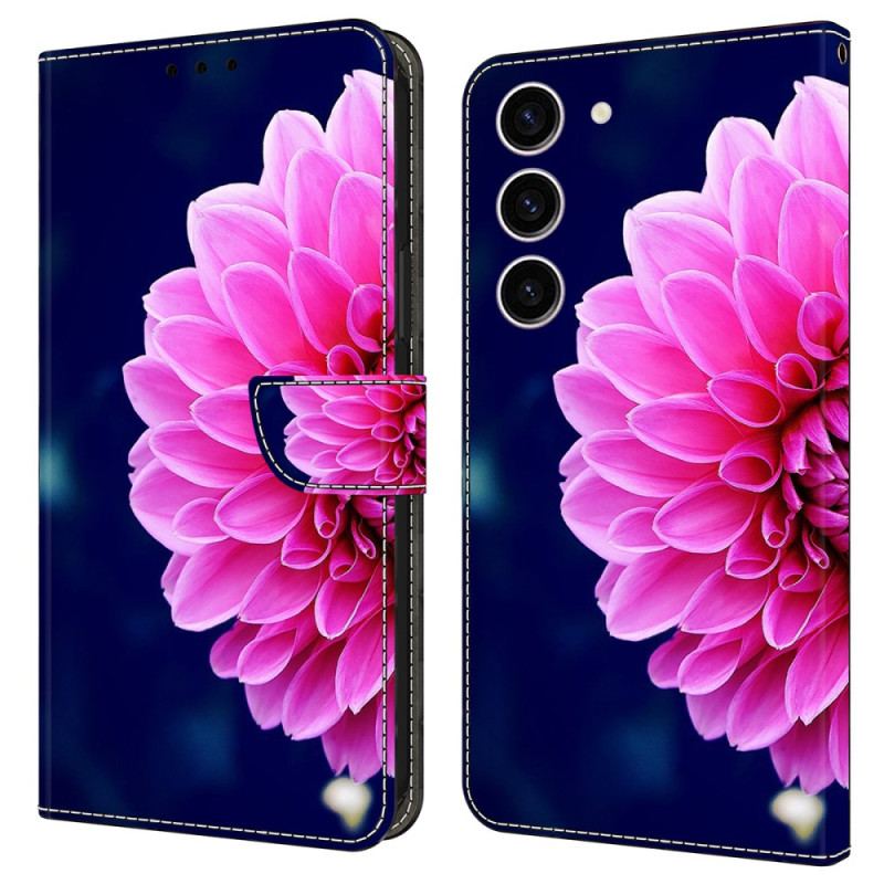 Skórzany Futerał Samsung Galaxy S24 5g Etui Na Telefon Różowy Kwiat Na Niebieskim Tle