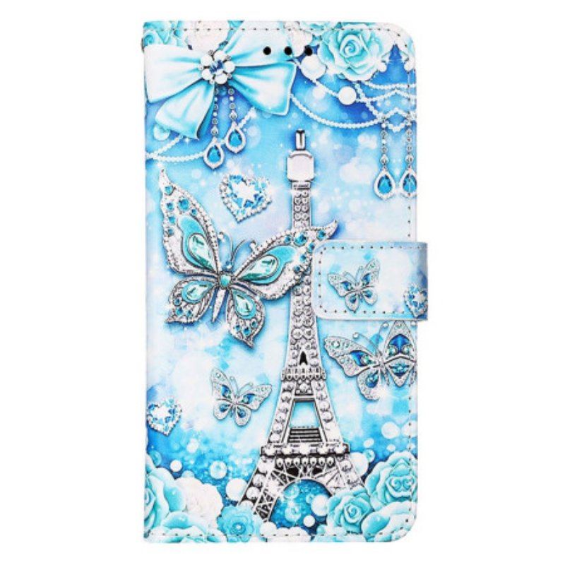 Etui Folio do Samsung Galaxy S23 Ultra 5G z Łańcuch Pasek Motylkowy Wieża Eiffla