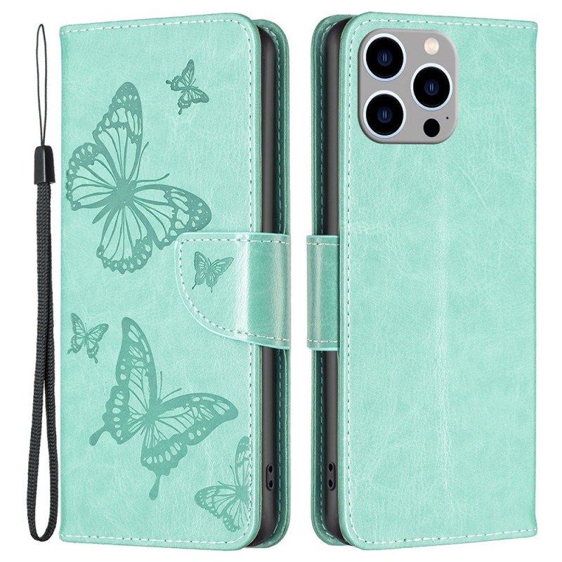 Etui Folio do iPhone 14 Pro Max z Łańcuch Paski Z Nadrukiem Motyli