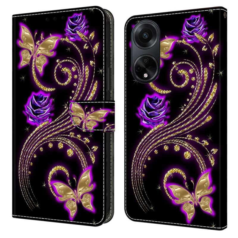 Etui Folio Oppo A98 5g Fioletowe Kwiaty I Motyle Etui Ochronne