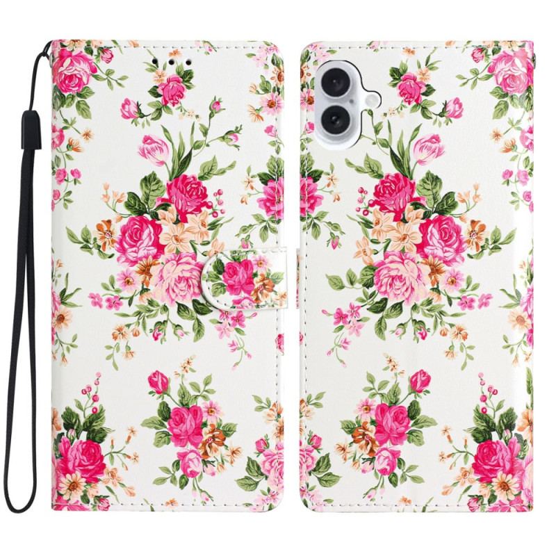 Etui Folio Do iPhone 16 CZerwone Kwiaty Z Paskiem