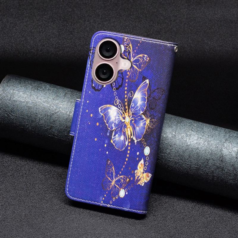 Etui Folio iPhone 16 Motyle Na Fioletowym Tle