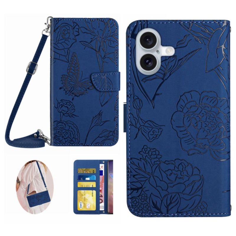 Etui Folio iPhone 16 Nadruk W Kształcie Motyla Z Paskiem Na Ramię Etui Ochronne