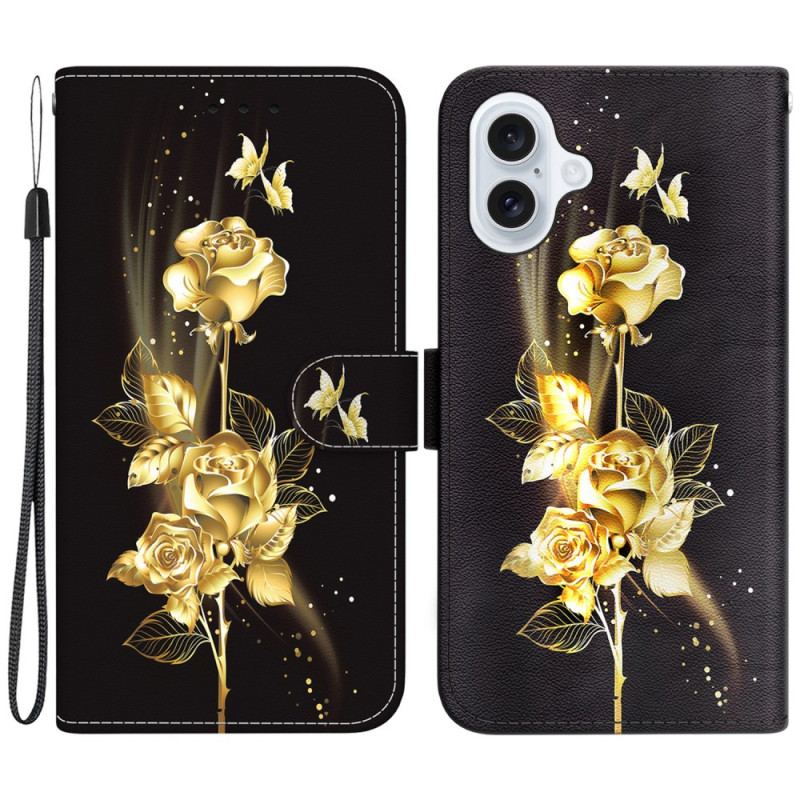 Etui Folio iPhone 16 Złoty Motyl I Róże Z Paskiem Etui Ochronne