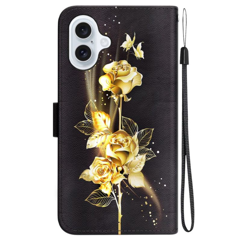 Etui Folio iPhone 16 Złoty Motyl I Róże Z Paskiem Etui Ochronne