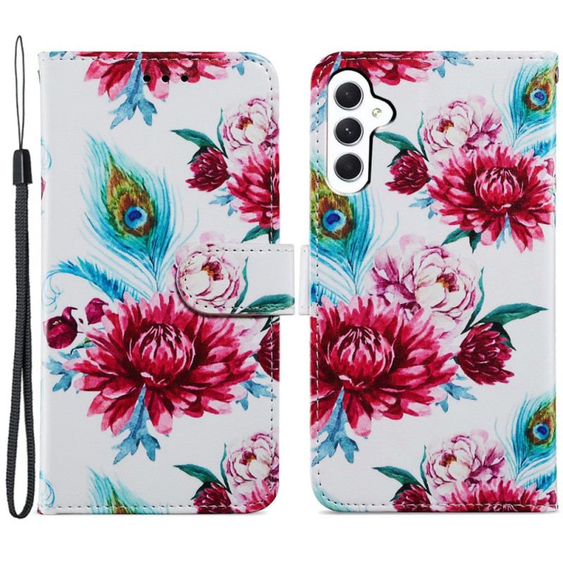 Etui Folio Samsung Galaxy A55 5g CZerwone Kwiaty Z Paskiem
