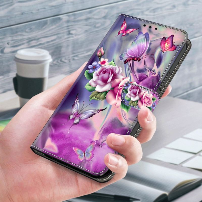 Etui Folio Samsung Galaxy A55 5g Fioletowe Motyle I Kwiaty Etui Ochronne