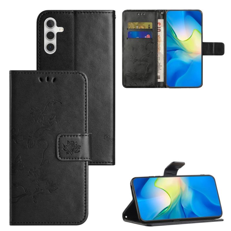 Etui Folio Samsung Galaxy A55 5g Motyw Motyli I Kwiatów Ze Smyczą Etui Ochronne
