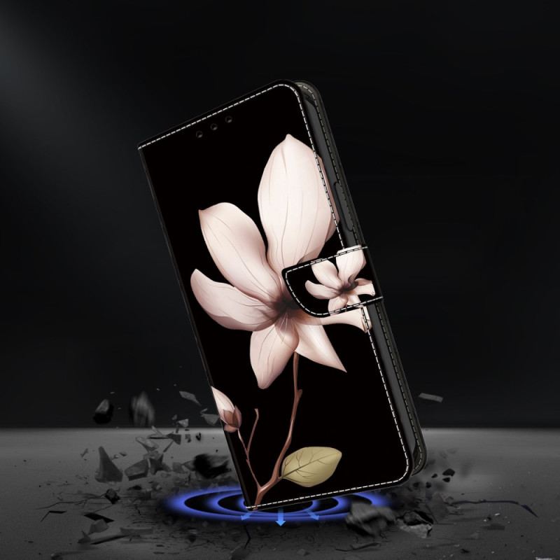 Etui Folio Samsung Galaxy A55 5g Różowe Kwiaty Na CZarnym Tle