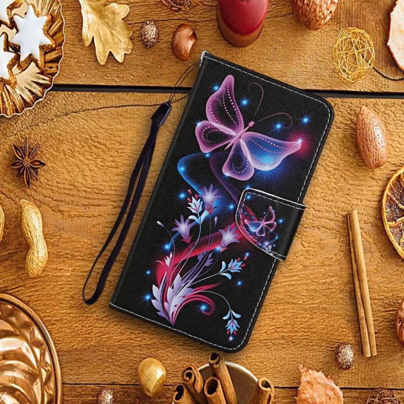 Etui Folio Xiaomi Redmi Note 13 4g Fluorescencyjne Motyle Z Paskiem